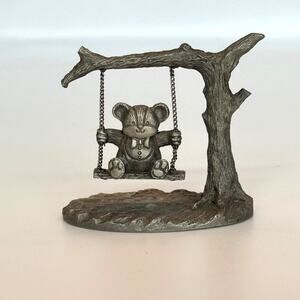 Vintage 1985 Spoontiques Pewter Teddy Bear Swinging on Tree #390